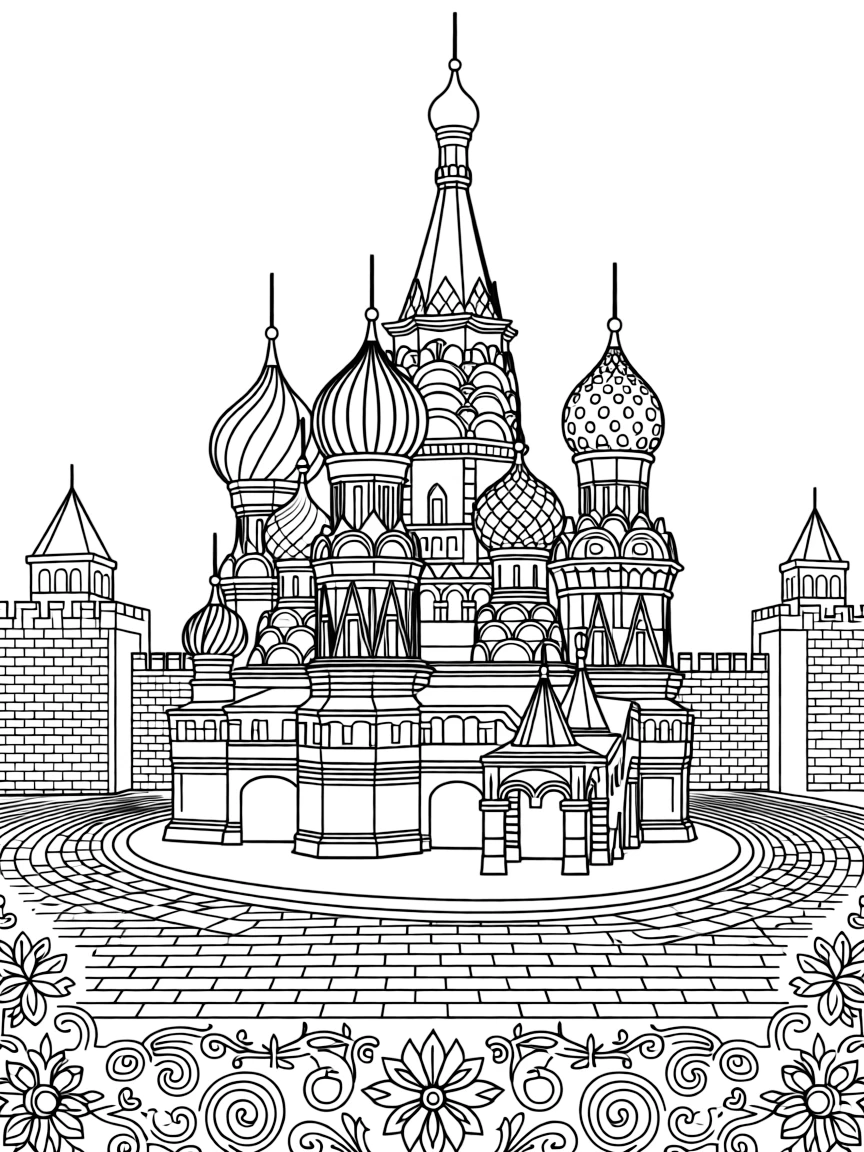 The St. Basil's Cathedral with Russian Orthodox onion domes, Red Square cobblestones, Moscow Kremlin walls, and Slavic folk art patterns
