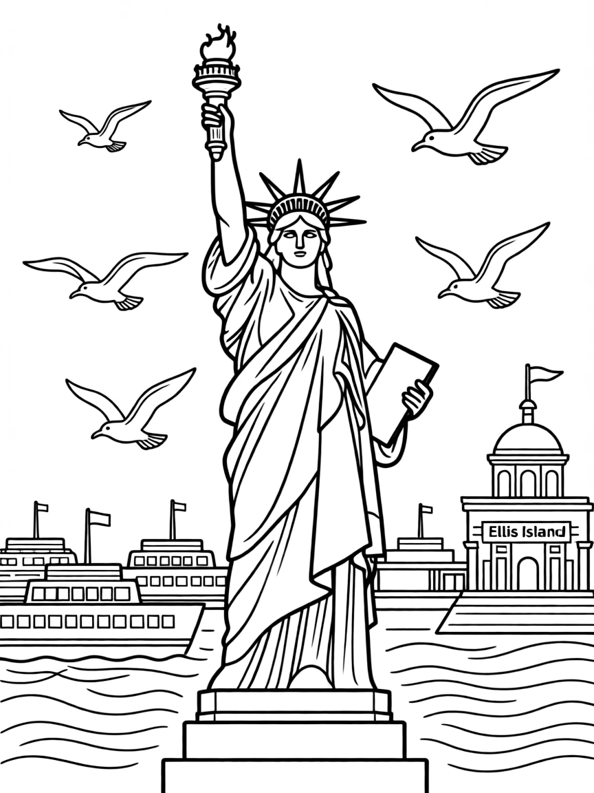 The Statue of Liberty with New York Harbor ferries, immigration Ellis Island symbols, American freedom torches, and Liberty Island seagulls