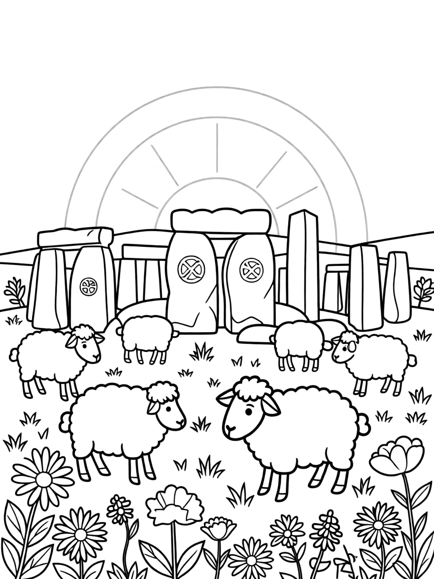 The Stonehenge with English countryside sheep, Druitic Celtic symbols, Salisbury Plain wildflowers, and ancient astronomical alignments