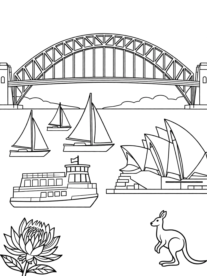The Sydney Harbour Bridge with Australian sailboat regattas, harbor ferry services, Opera House silhouettes, and New South Wales symbols