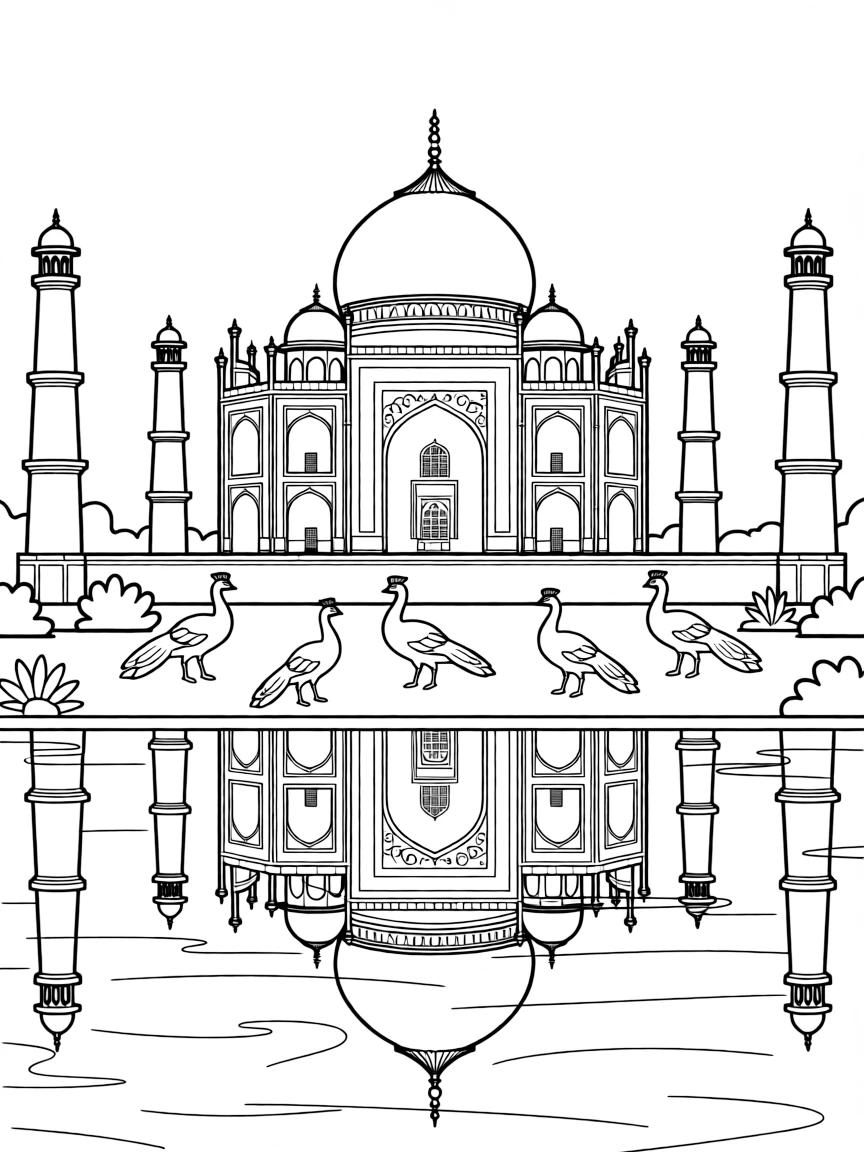 The Taj Mahal with Indian Mughal architecture, Agra peacock gardens, marble inlay patterns, and Yamuna River reflection scenes