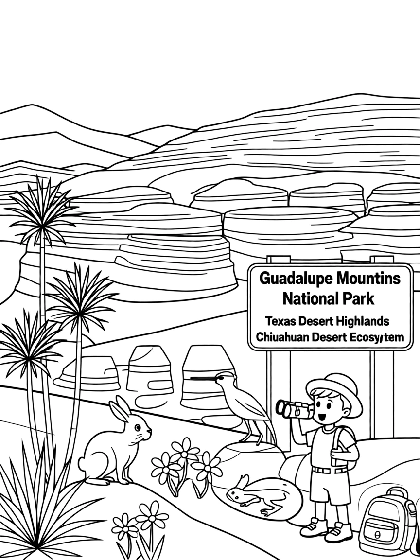 Guadalupe Mountains National Park with Texas desert highlands, Chihuahuan Desert ecosystems, fossil reef geology, and southwestern wildlife