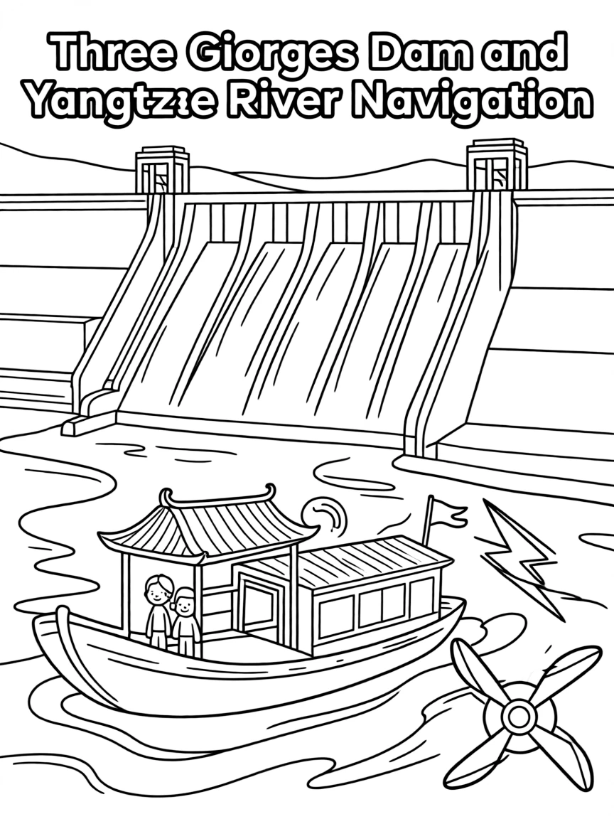 The Three Gorges Dam with Yangtze River navigation, Chinese engineering marvels, traditional river boat culture, and hydroelectric power symbols