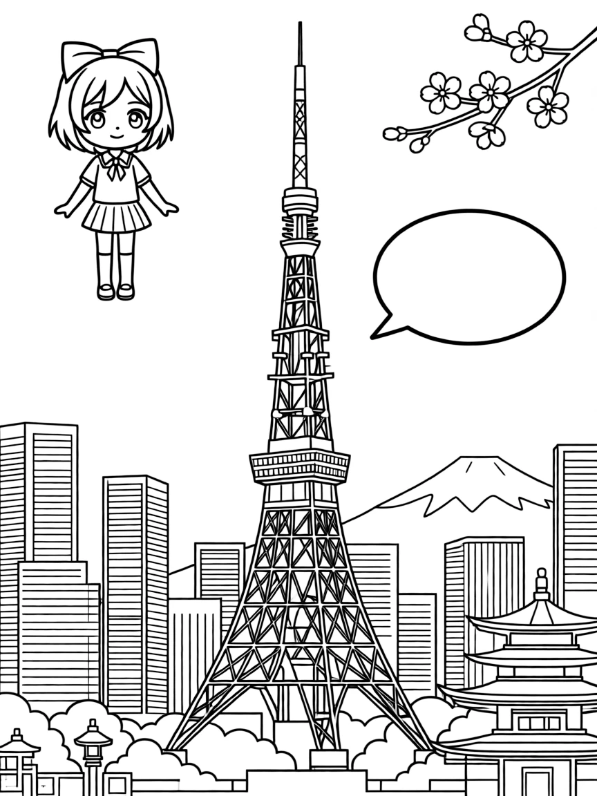 The Tokyo Tower with Japanese urban skyline, Mount Fuji distant views, anime culture symbols, and modern metropolitan architecture