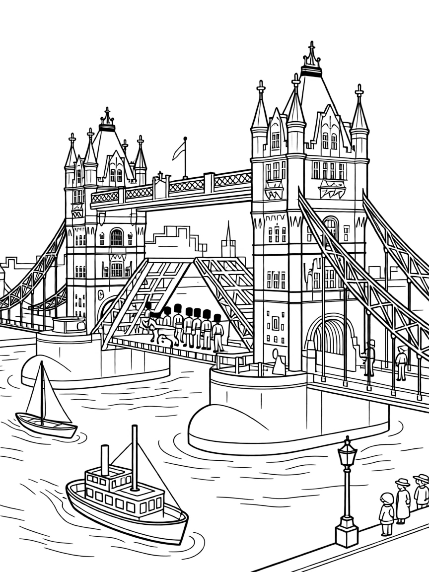 The Tower Bridge with London Thames River traffic, Victorian engineering marvels, British maritime history, and royal ceremony processionals
