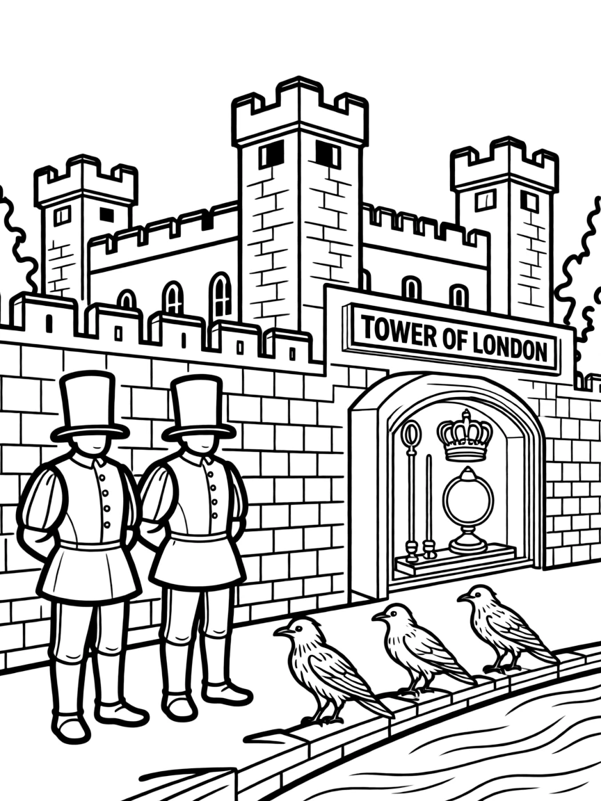 The Tower of London with British Crown Jewels, Yeoman Warder guards, Thames River ravens, and medieval fortress history