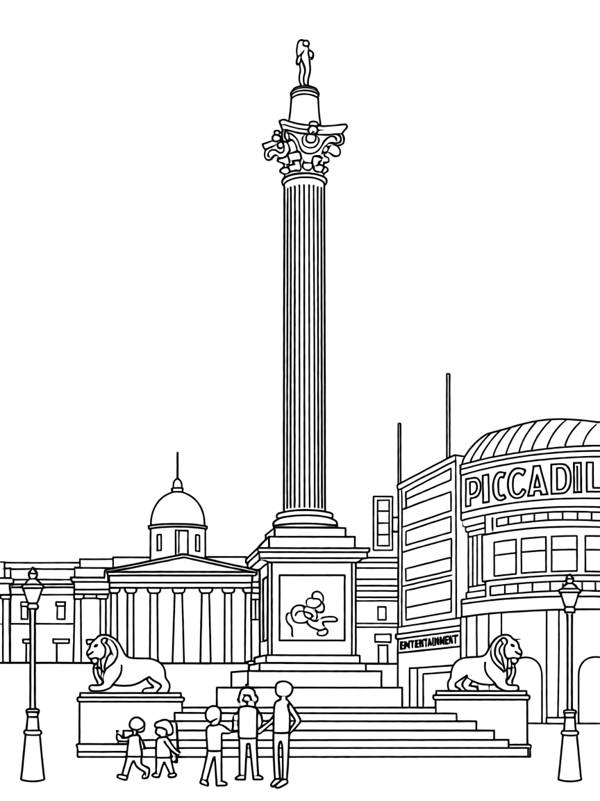 The Trafalgar Square with London Nelson's Column, British lion statues, National Gallery art, and Piccadilly Circus entertainment