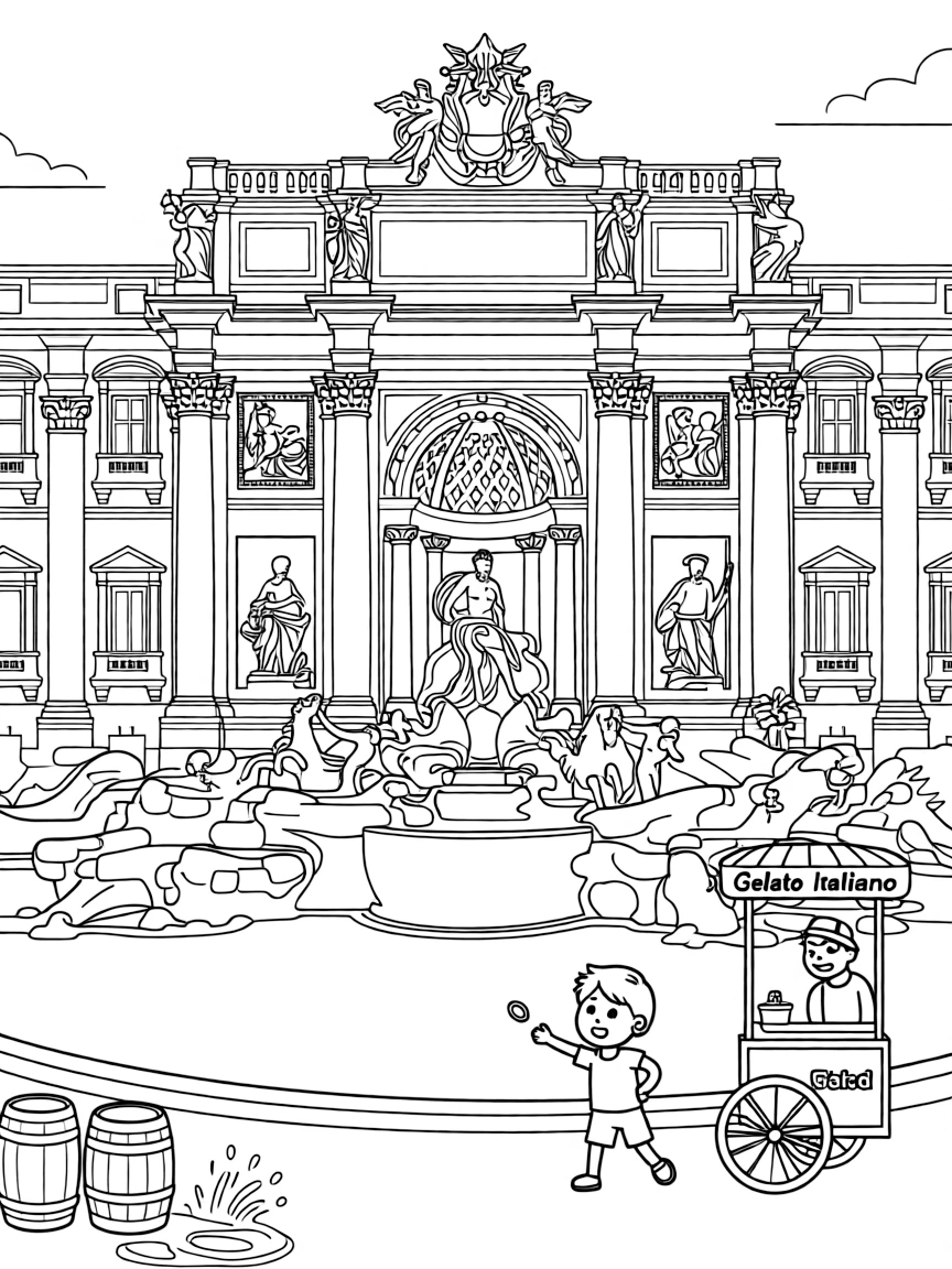 The Trevi Fountain with Roman coin-throwing traditions, Baroque fountain sculptures, Italian gelato vendors, and eternal city romance