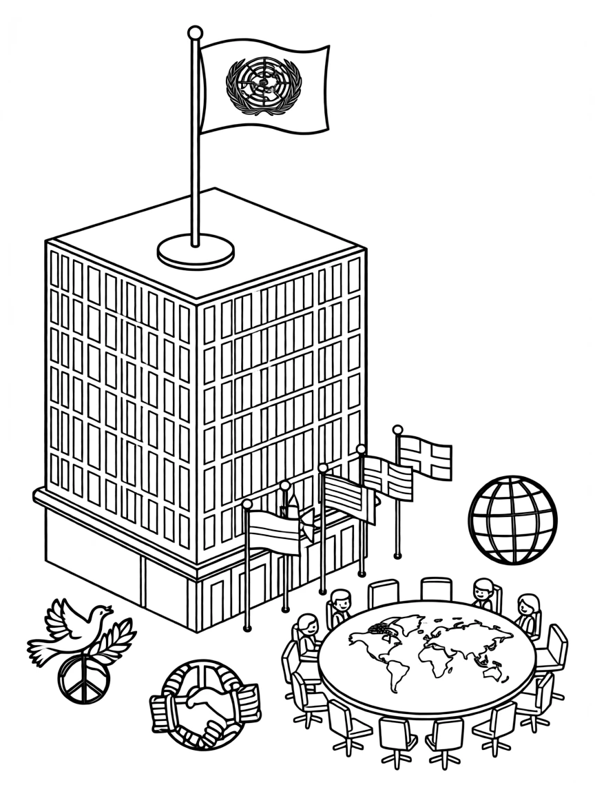 The United Nations Headquarters with international peace symbols, world flags display, diplomatic meeting rooms, and global cooperation themes