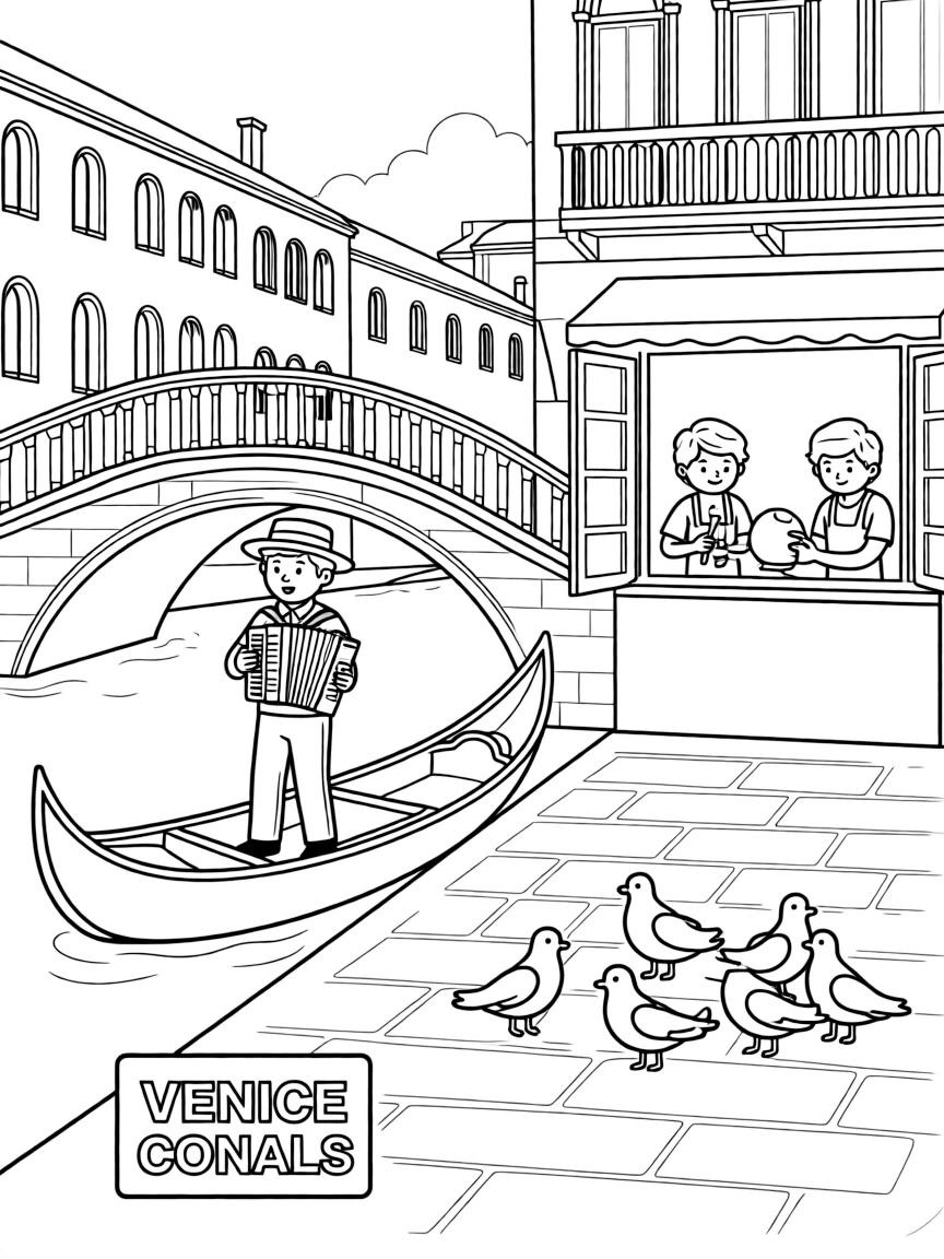 The Venice Canals with Italian gondolier serenades, St. Mark's Square pigeons, Murano glass artisans, and romantic bridge crossings