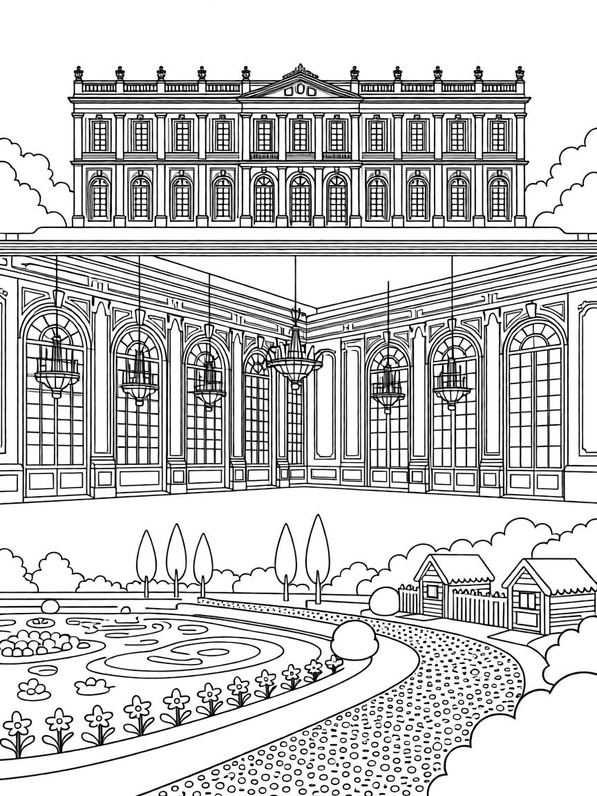 The Versailles Palace with French royal gardens, Hall of Mirrors ballrooms, Marie Antoinette's hamlet, and Baroque architectural grandeur