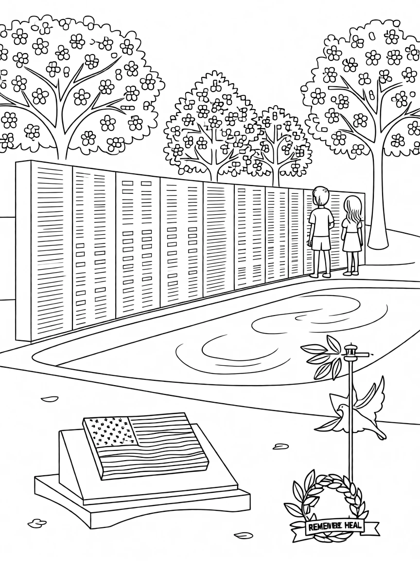 The Vietnam Veterans Memorial with Washington DC black granite, fallen soldier remembrance, cherry blossom contexts, and healing national symbols