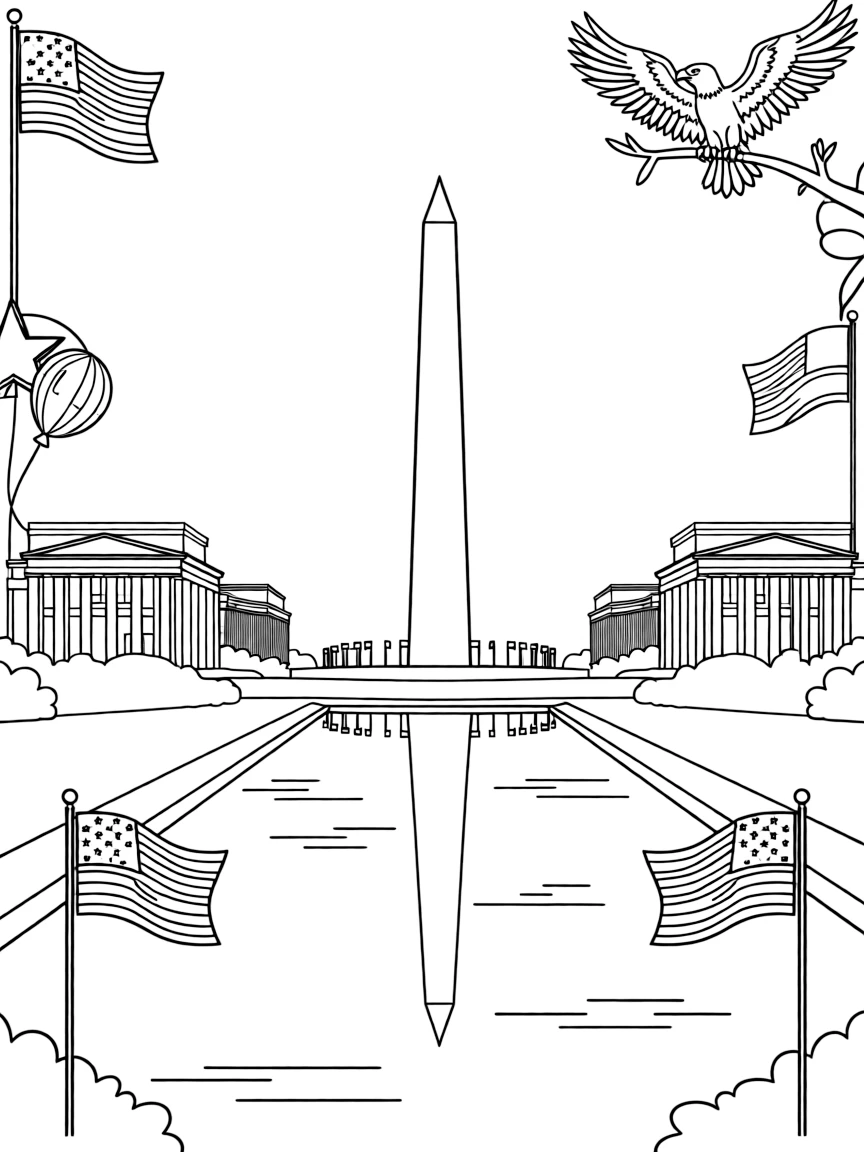 The Washington Monument with DC National Mall views, reflecting pool mirrors, Smithsonian museum silhouettes, and American patriotic symbols