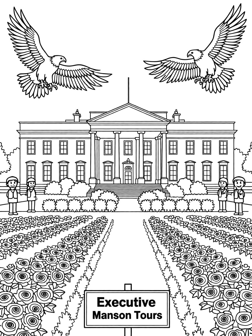 The White House with Washington DC rose gardens, presidential residence security, American eagle symbols, and executive mansion tours