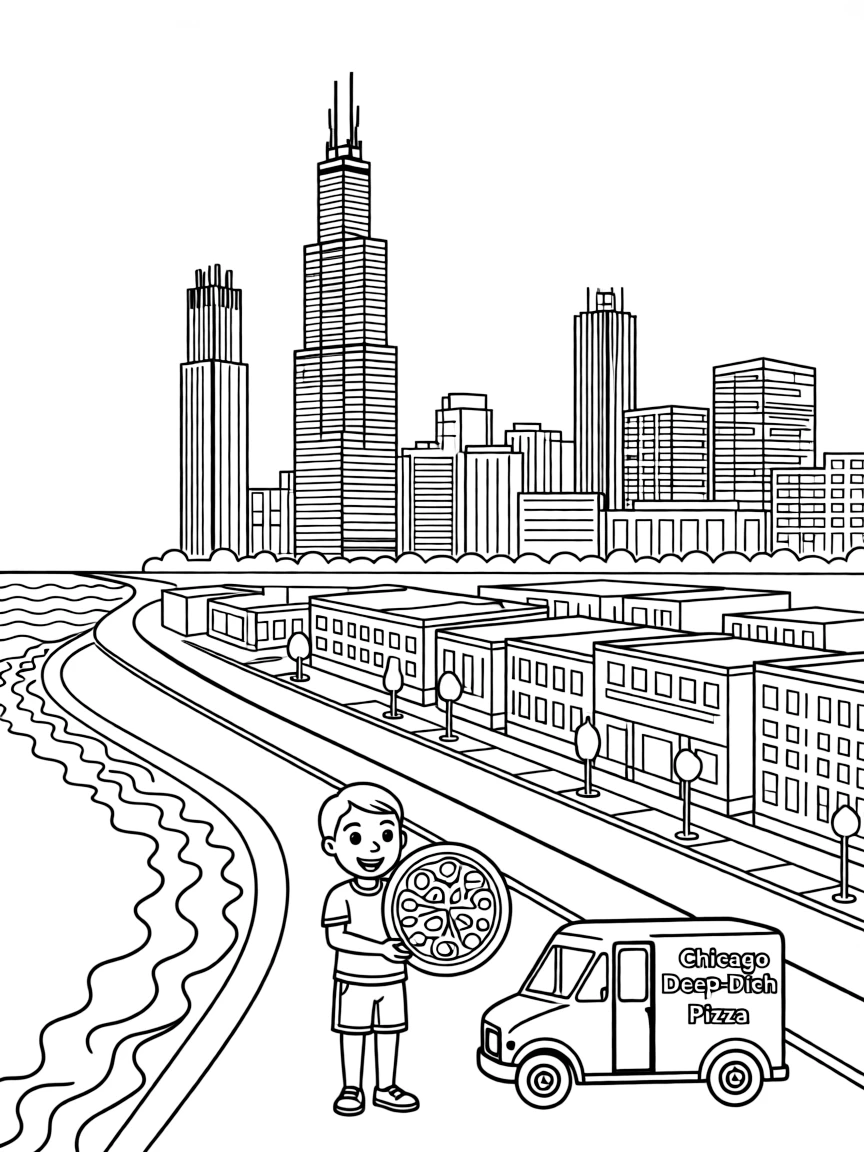 The Willis Tower (Sears Tower) with Chicago skyline architecture, Lake Michigan shorelines, deep-dish pizza culture, and Midwestern urban planning