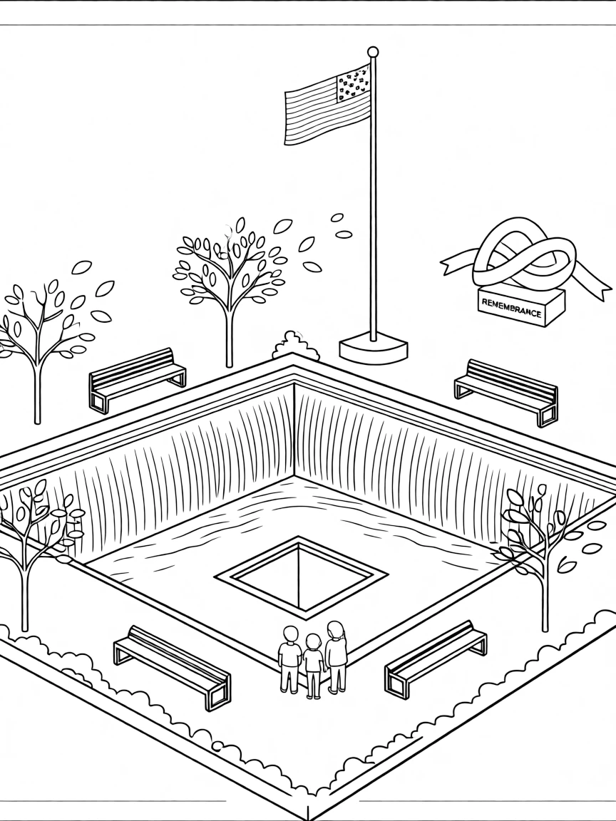 The World Trade Center Memorial with New York 9/11 remembrance, twin tower footprints, survivor trees, and national resilience symbols