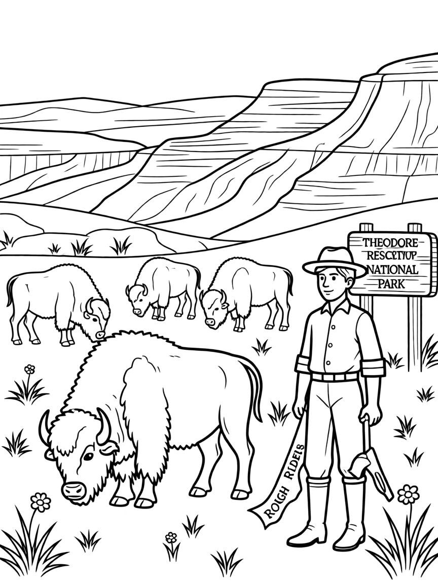 Theodore Roosevelt National Park with North Dakota badlands, American bison herds, Rough Rider history, and Great Plains conservation