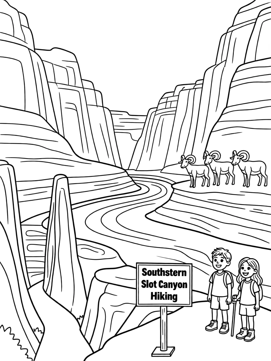 The Zion Canyon with Utah red sandstone cliffs, Virgin River narrows, desert bighorn sheep, and southwestern slot canyon hiking
