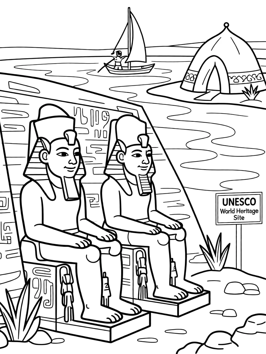 The Abu Simbel temples with Egyptian Nile River relocations, Ramesses II colossal statues, UNESCO heritage preservation, and ancient Nubian culture