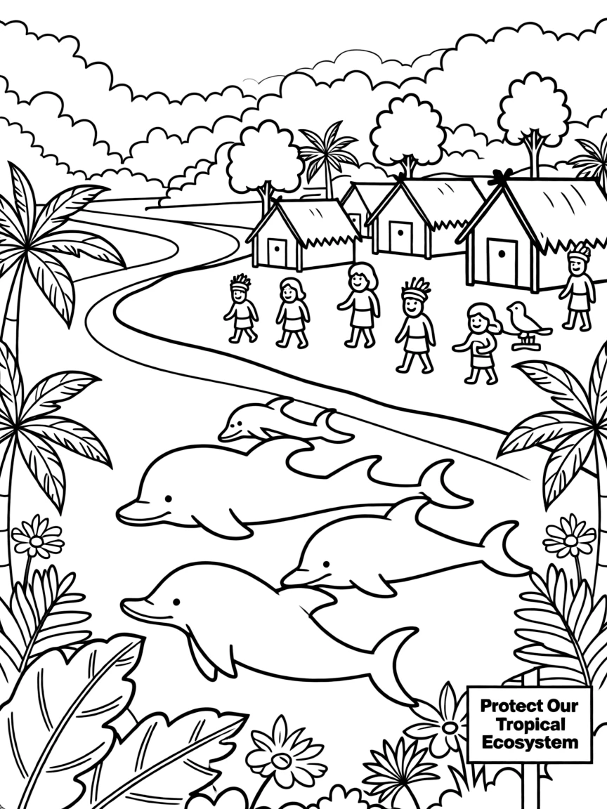 The Amazon Rainforest with Brazilian biodiversity, indigenous tribal villages, river dolphin families, and tropical ecosystem conservation
