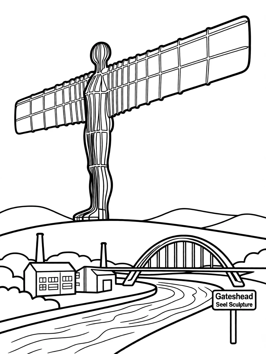 The Angel of the North with English Gateshead steel sculpture, Tyne and Wear industrial heritage, British public art installations, and modern monuments