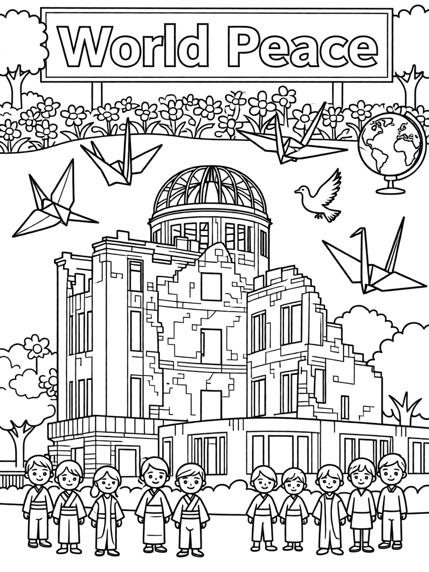 The Atomic Bomb Dome with Hiroshima peace memorials, Japanese nuclear history, origami crane symbols, and world peace education