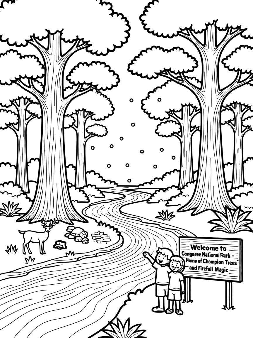 Congaree National Park with South Carolina champion trees, firefly synchronization, old-growth bottomland forests, and biodiversity hotspots