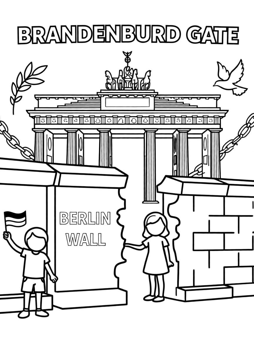The Berlin Wall Memorial with German Cold War divisions, Brandenburg Gate freedom, East-West reunification, and democratic liberation symbols