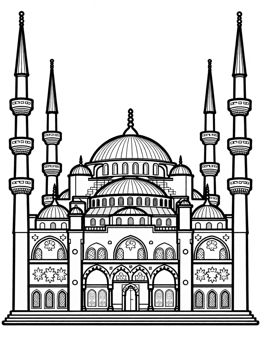 The Blue Mosque (Sultan Ahmed) with Istanbul six minarets, Ottoman imperial architecture, Islamic geometric patterns, and Turkish ceramic decorations
