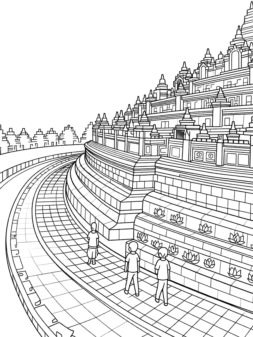 The Borobudur Temple with Indonesian Buddhist monuments, Java volcanic stone carvings, pilgrim pathway circumambulations, and Southeast Asian spirituality