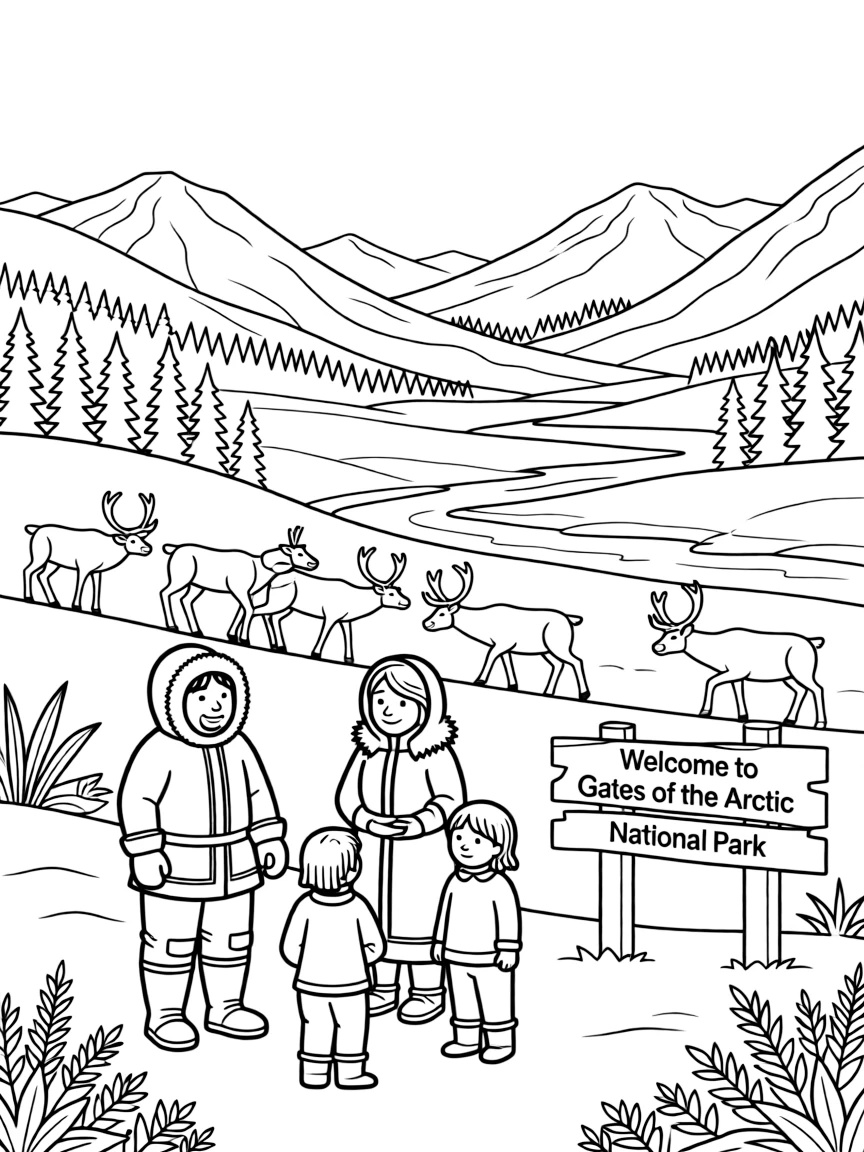 Gates of the Arctic National Park with Alaska Brooks Range wilderness, Inupiat subsistence culture, caribou migration routes, and Arctic ecosystem preservation