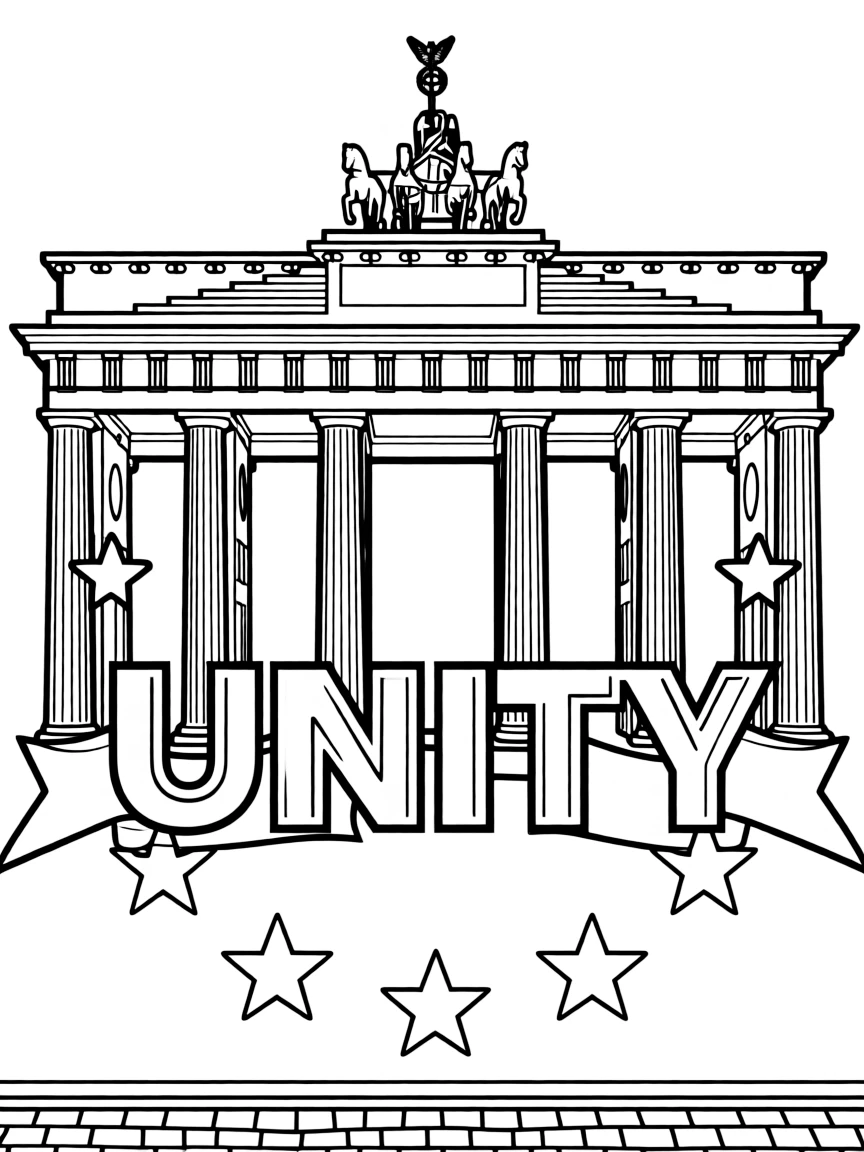 The Brandenburg Gate with Berlin German reunification, Prussian neoclassical architecture, Quadriga chariot sculpture, and European unity symbols