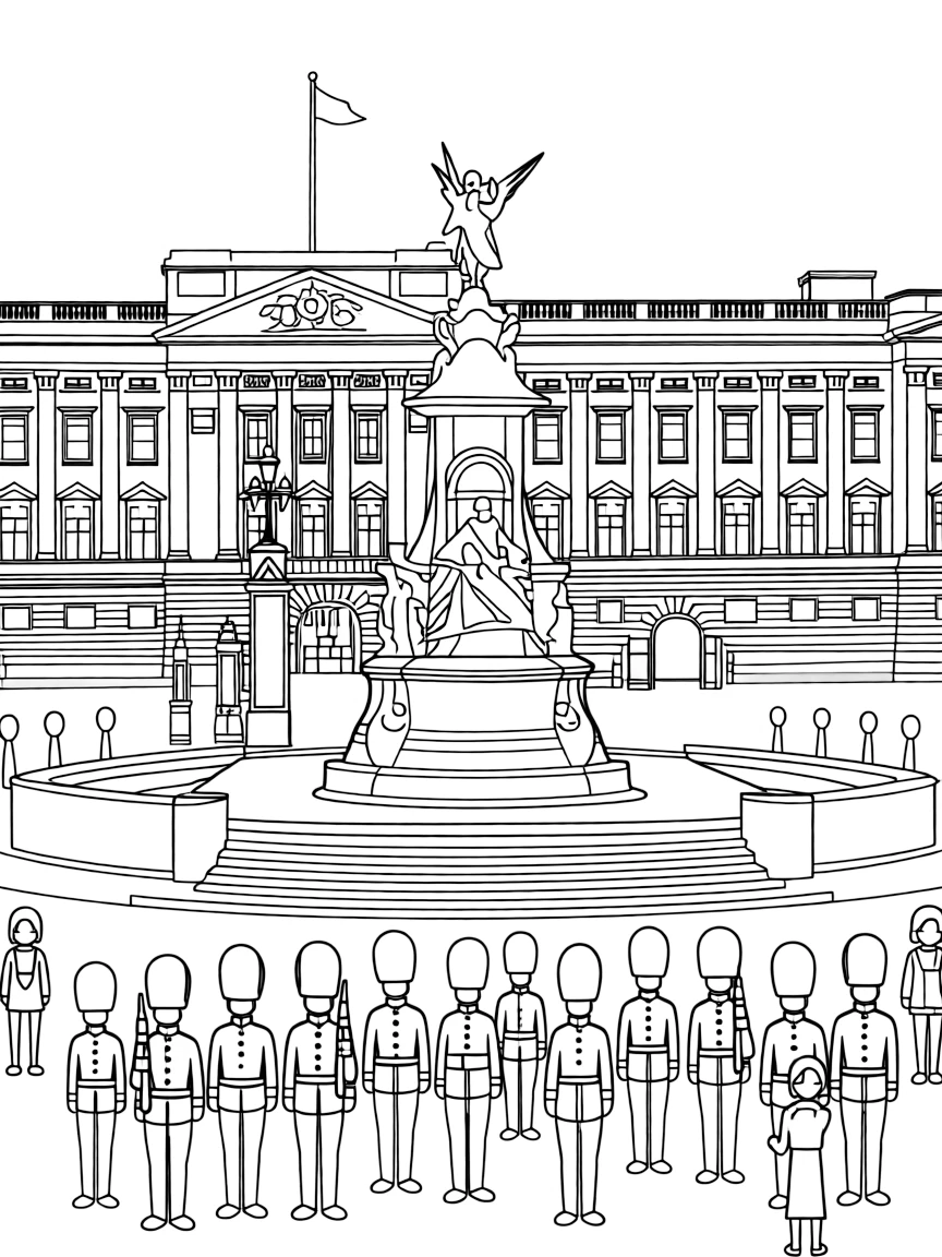 The Buckingham Palace with British royal residence, Changing of the Guard ceremonies, Queen Victoria Memorial, and constitutional monarchy traditions