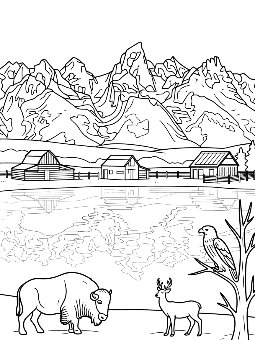 Grand Teton National Park with Wyoming Teton Range peaks, Jackson Lake reflections, Mormon Row historic barns, and Greater Yellowstone ecosystem