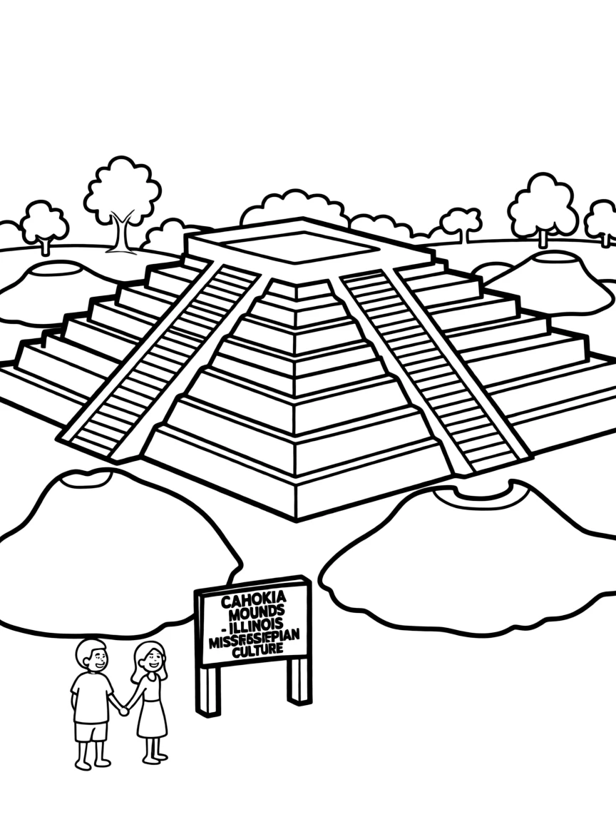 The Cahokia Mounds with Illinois Mississippian culture, pre-Columbian Native American cities, Monks Mound earthwork, and ancient American civilizations