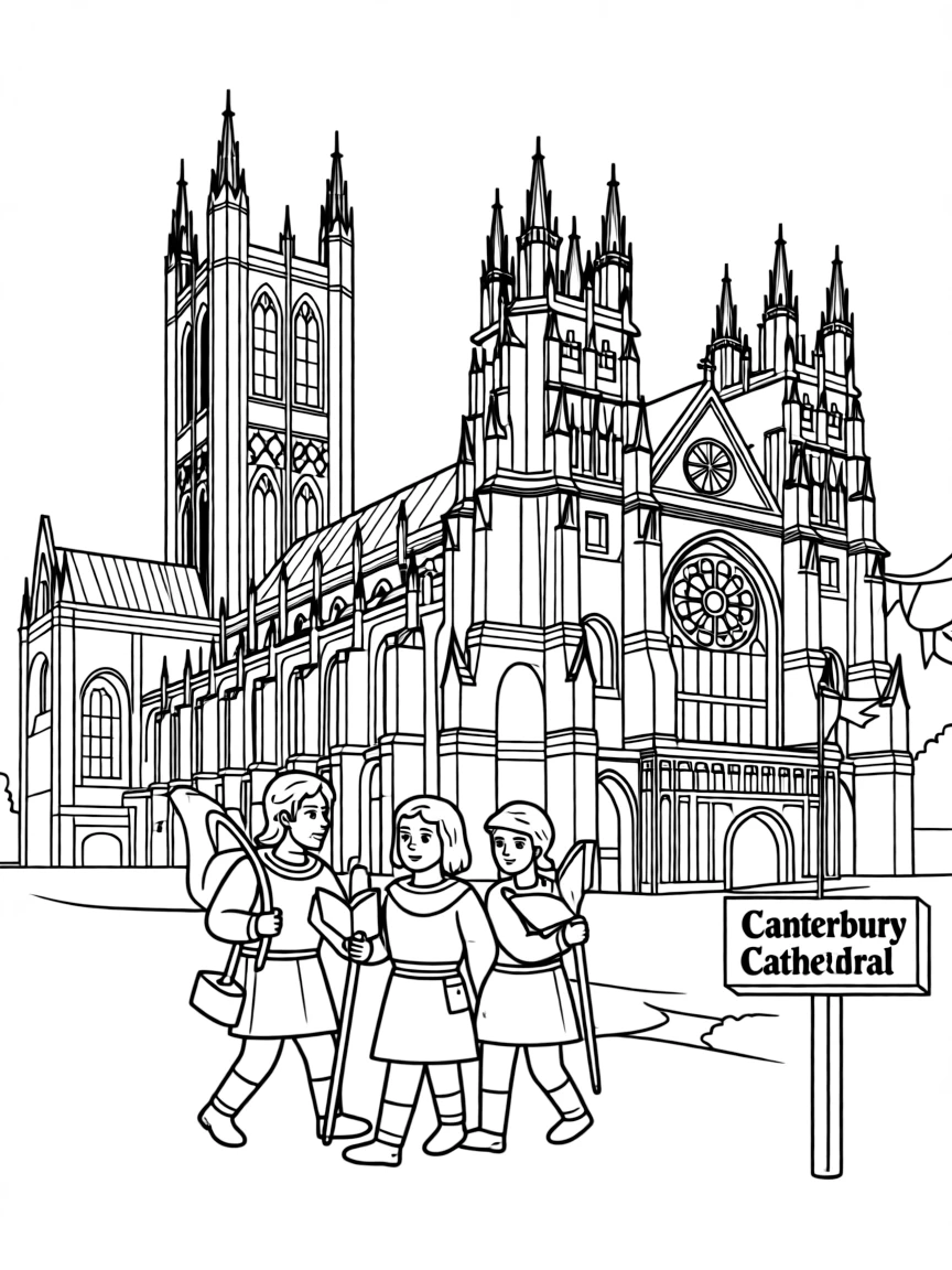 The Canterbury Cathedral with English medieval pilgrimage, Geoffrey Chaucer literary connections, Gothic architecture mastery, and Anglican Church heritage