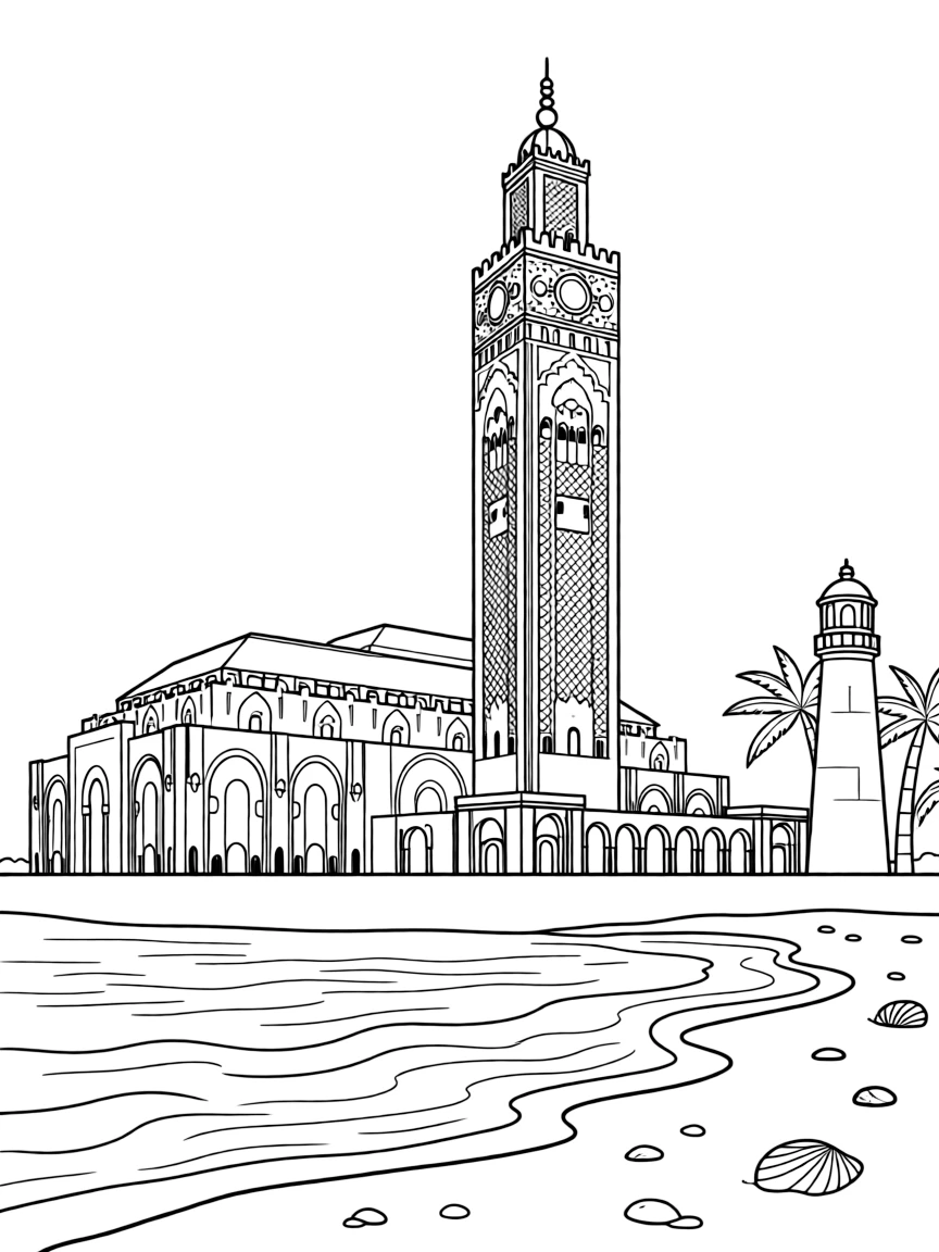 The Casablanca Hassan II Mosque with Moroccan Atlantic coastline, minaret lighthouse features, Islamic architectural grandeur, and North African cultural pride