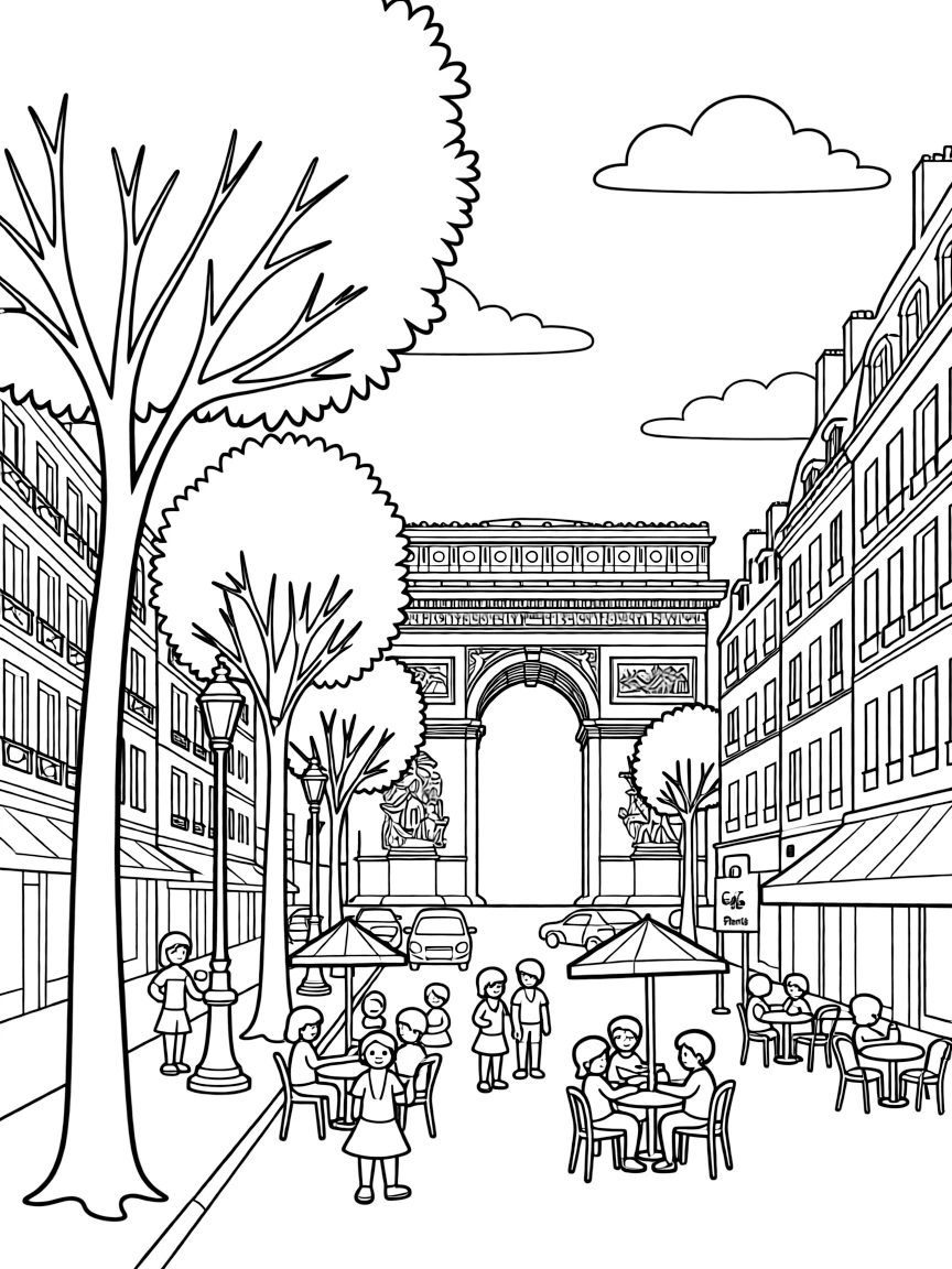 The Champs-Élysées with Paris luxury shopping, Arc de Triomphe terminus, French cultural boulevard, and European café culture