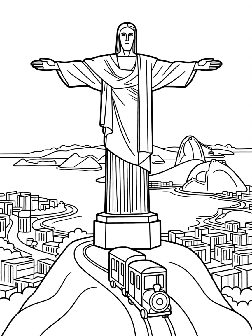 The Christ the Redeemer with Brazilian Rio de Janeiro overlook, Corcovado Mountain train access, Art Deco religious monument, and Sugarloaf panoramas