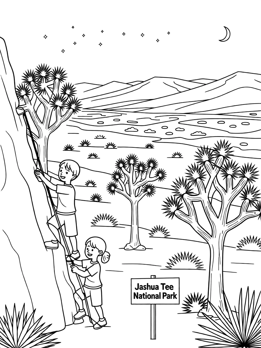 Joshua Tree National Park with California desert convergence, Mojave-Sonoran ecosystem boundaries, rock climbing destinations, and astronomical dark skies