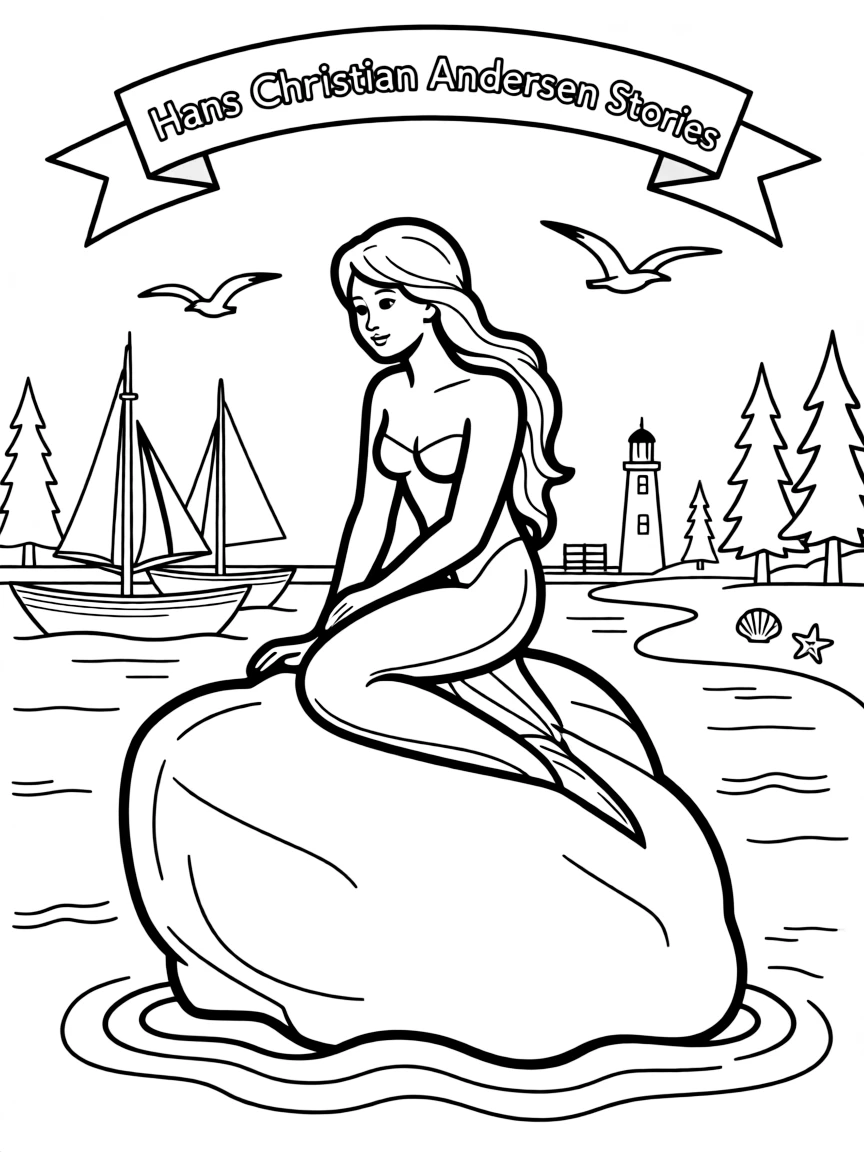 The Copenhagen Little Mermaid with Danish fairy tale sculpture, Hans Christian Andersen stories, Baltic Sea harbor settings, and Scandinavian maritime culture