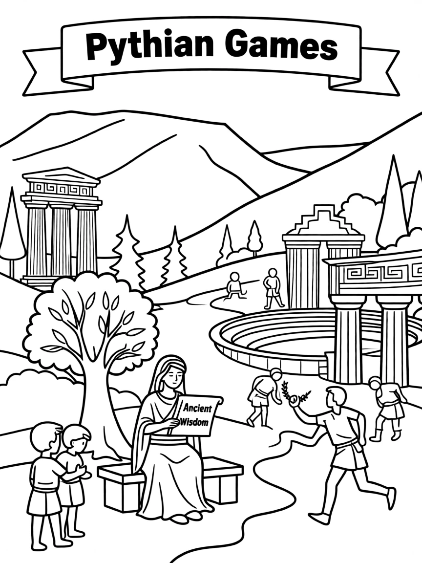The Delphi Archaeological Site with Greek Oracle consultations, Mount Parnassus sacred slopes, ancient philosophical wisdom, and Pythian Games athletic competitions