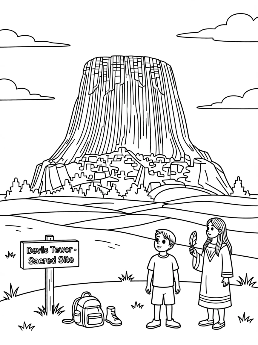 The Devils Tower with Wyoming volcanic neck formation, Native American sacred site, rock climbing monolith, and Great Plains landmark navigation