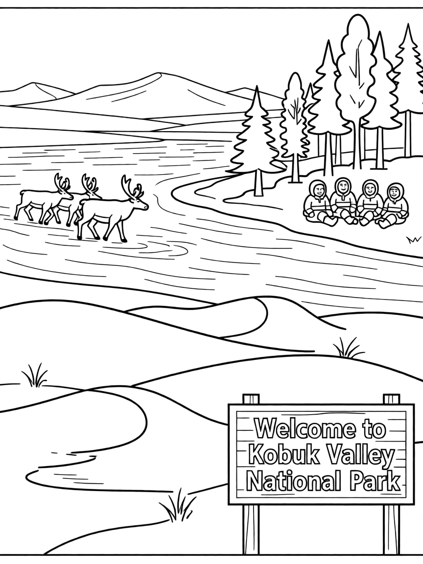 Kobuk Valley National Park with Alaska Great Kobuk Sand Dunes, caribou river crossings, Inupiat cultural landscapes, and Arctic boreal forest transitions
