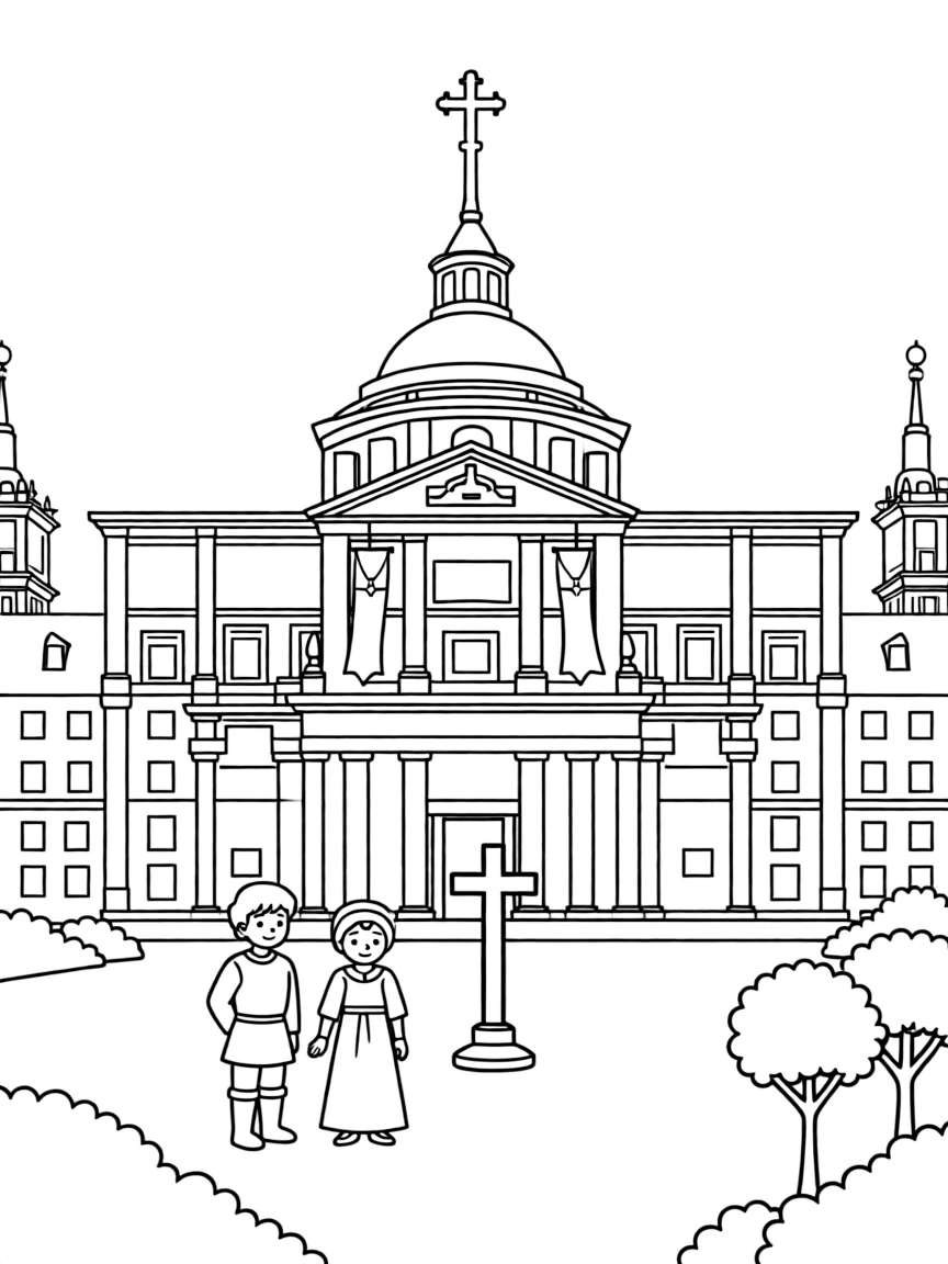 The El Escorial with Spanish Habsburg monastery, Philip II royal pantheon, Renaissance architectural severity, and Catholic Counter-Reformation symbols