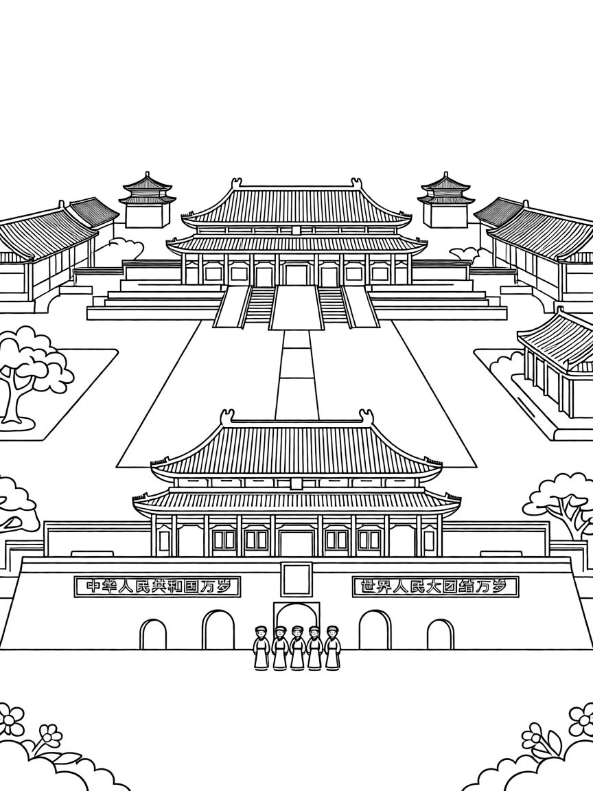 The Forbidden City with Chinese imperial palace complex, Ming-Qing dynasty architecture, Tiananmen Square adjacency, and Mandarin court ceremonial traditions