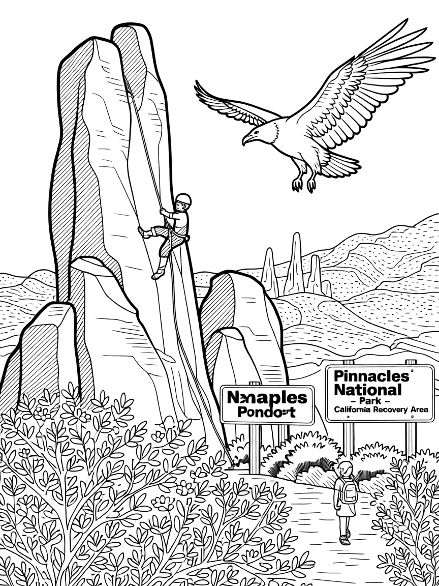 Pinnacles National Park with California condor recovery, rock climbing spire formations, chaparral ecosystem preservation, and Central Coast biodiversity