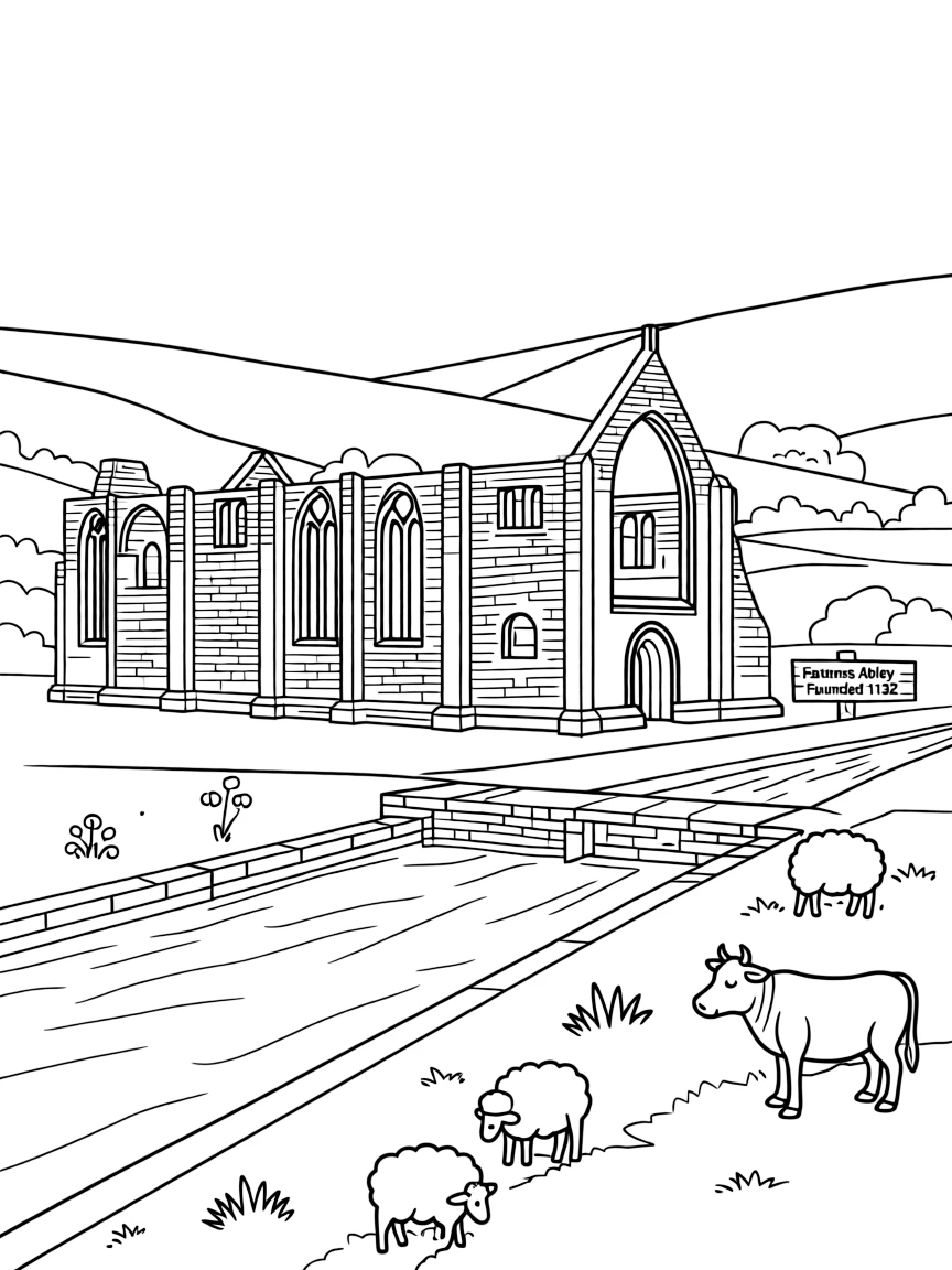 The Fountains Abbey with English Cistercian monastic ruins, Yorkshire Dales pastoral settings, medieval water management, and dissolution of monasteries history