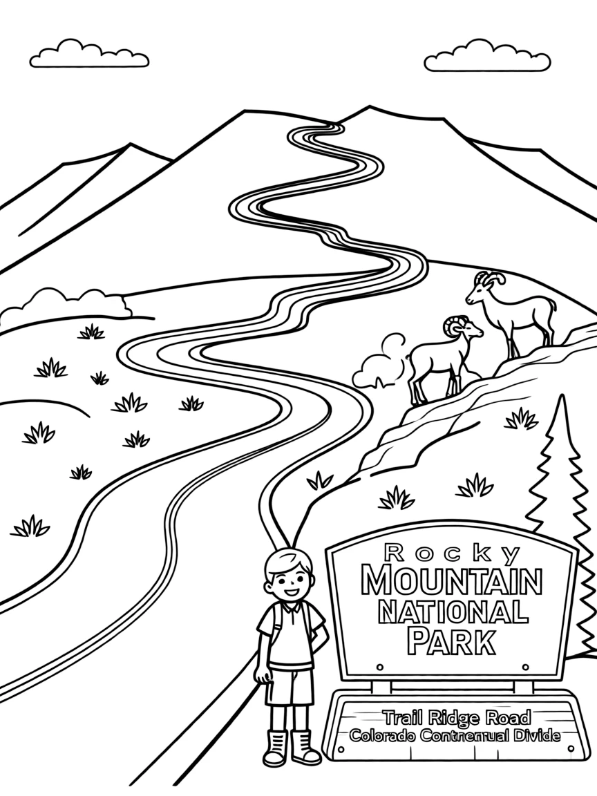 Rocky Mountain National Park with Colorado Continental Divide crossing, Trail Ridge Road alpine tundra, bighorn sheep populations, and Front Range accessibility