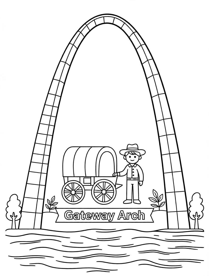The Gateway Arch with Missouri westward expansion symbol, Mississippi River prominence, stainless steel architectural innovation, and American pioneer spirit